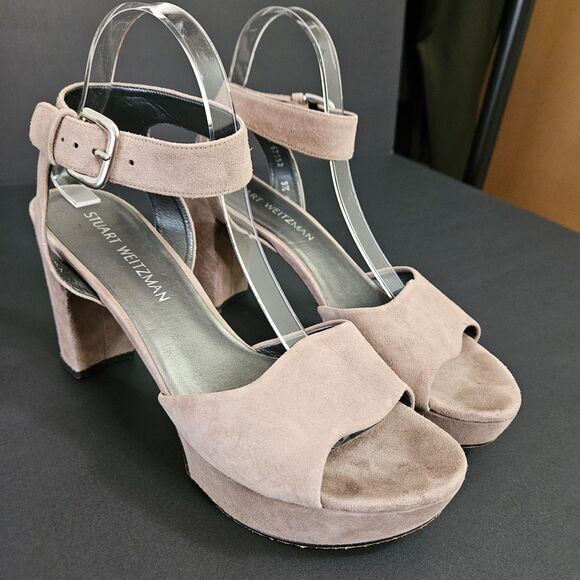 Stuart Weitzman Women's Platform Suede Open Toe Block Heel Sandal Grey 9.5 - Picture 2 of 9